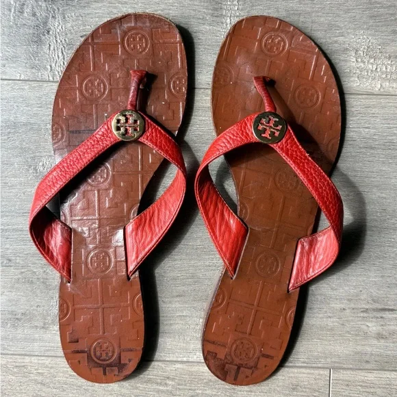 Tory Burch Red Leather Flip Flops Size 9 - Picture 10 of 10